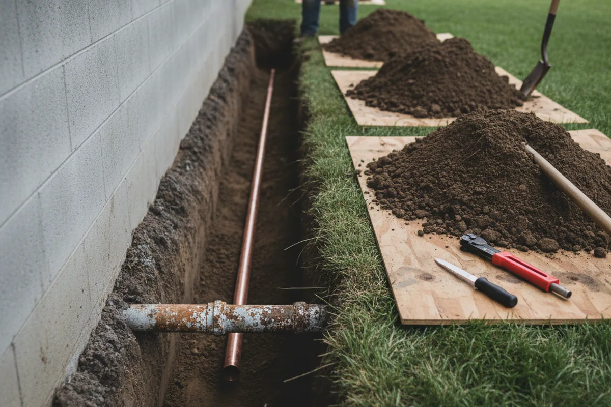 Excavated water line trench during Water Softener Installation in West Columbia